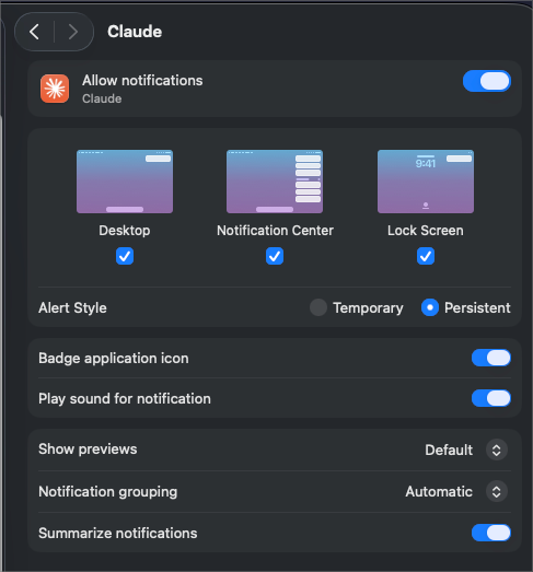 macOS 系统设置中的 Claude 通知权限