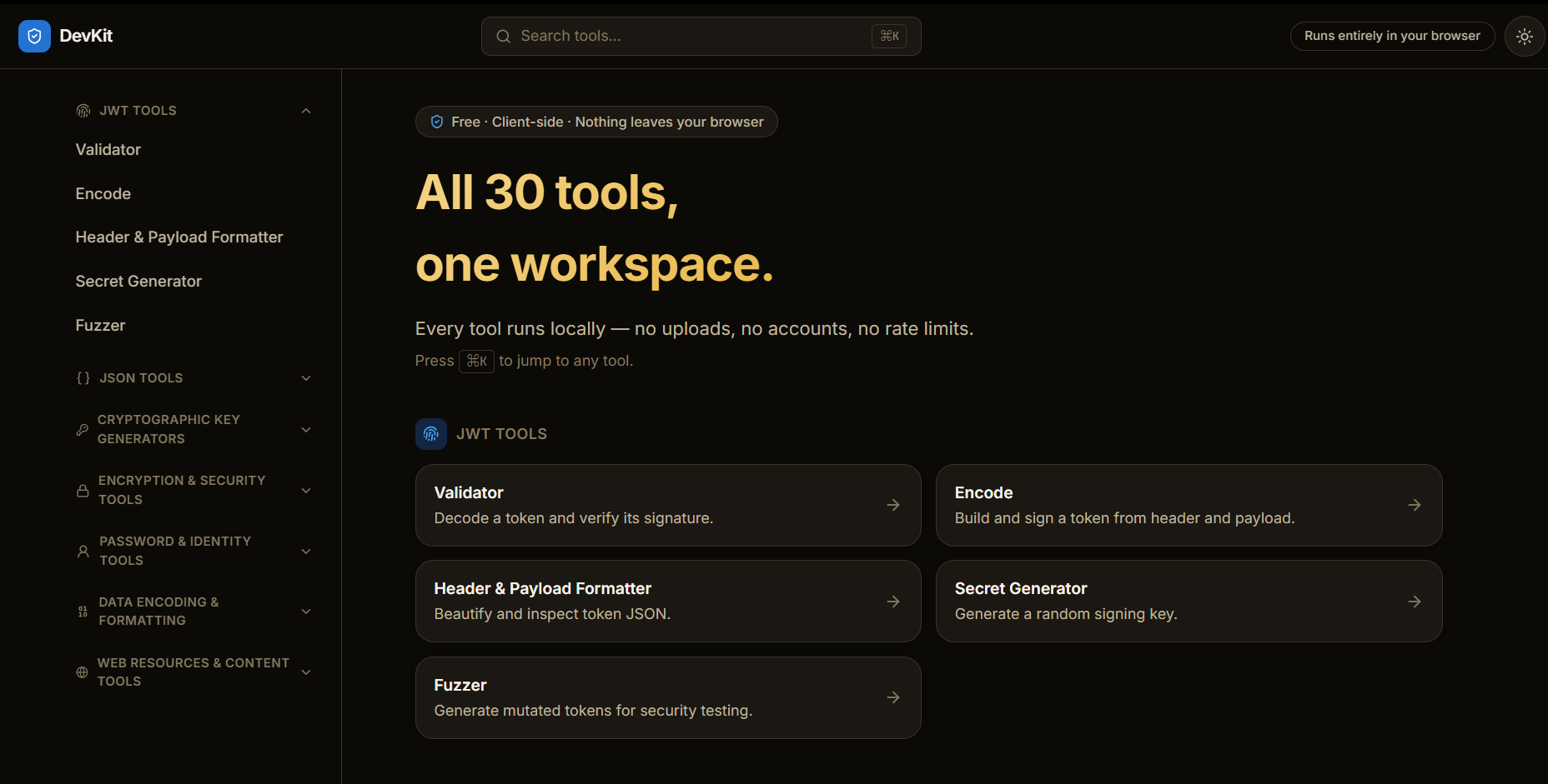 DevKit in-app dashboard showing the sidebar and JWT Tools category