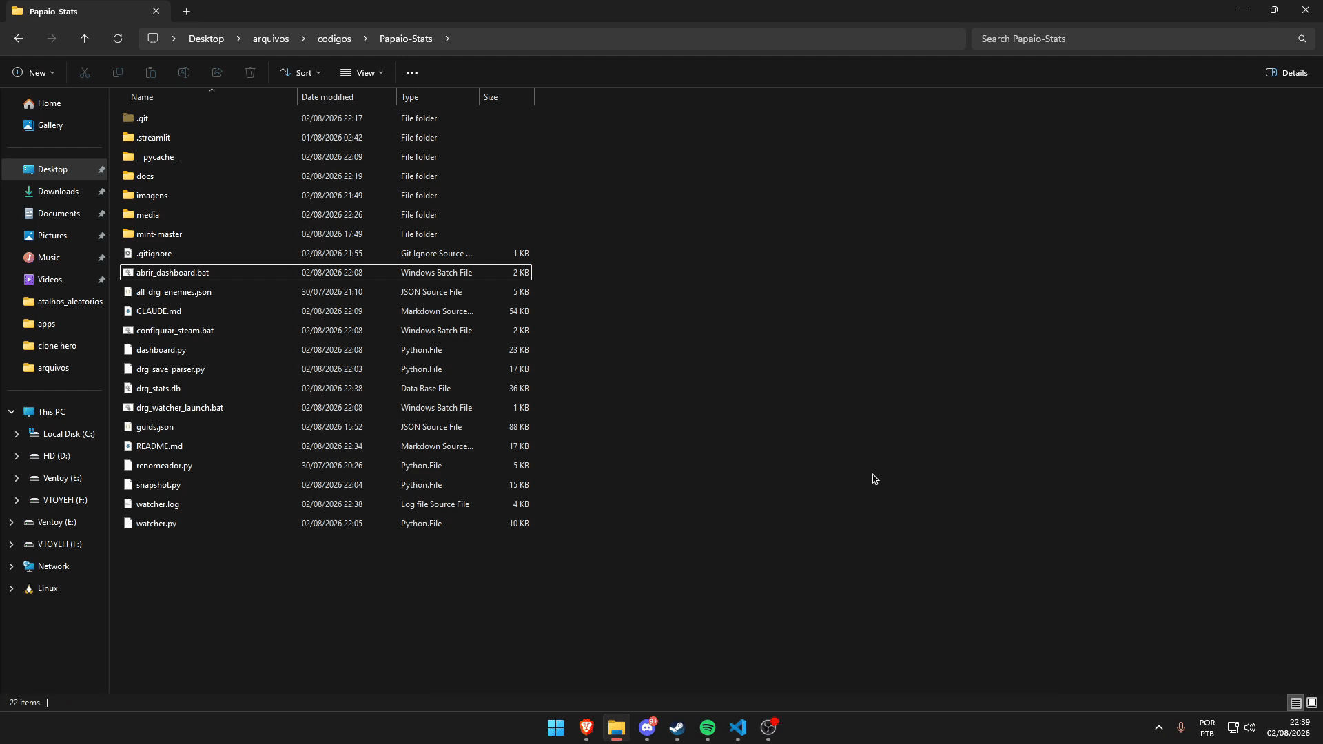 Double-clicking abrir_dashboard.bat opens the dashboard in the browser