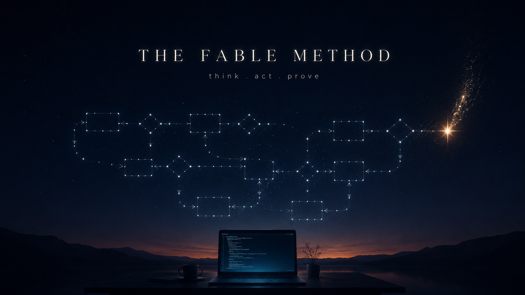 Fable 方法:思考、行动、证明。一幅从终端升入夜空的流程图星座,其中一颗星星正在消逝