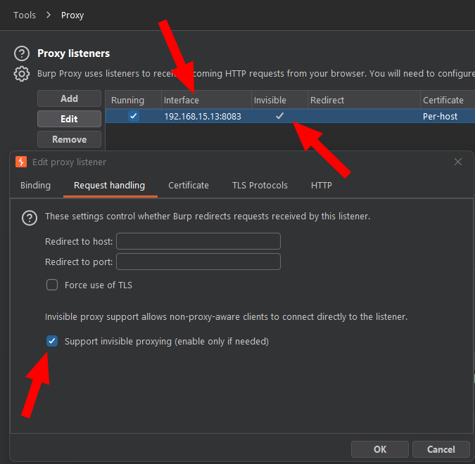 Burp listener with invisible proxying enabled