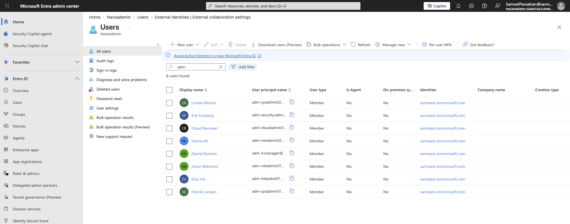 Microsoft Entra admin center showing admin accounts