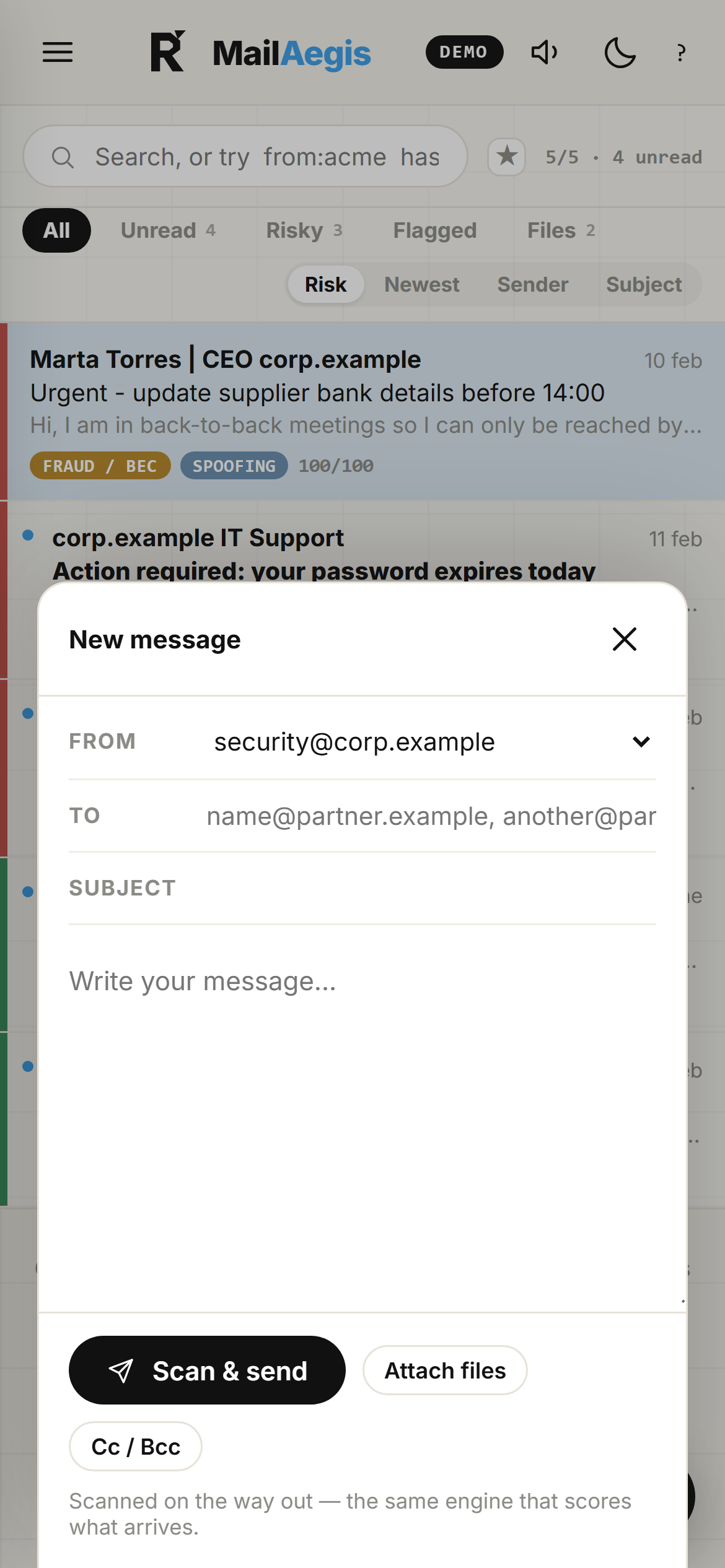 MailAegis mobile compose window