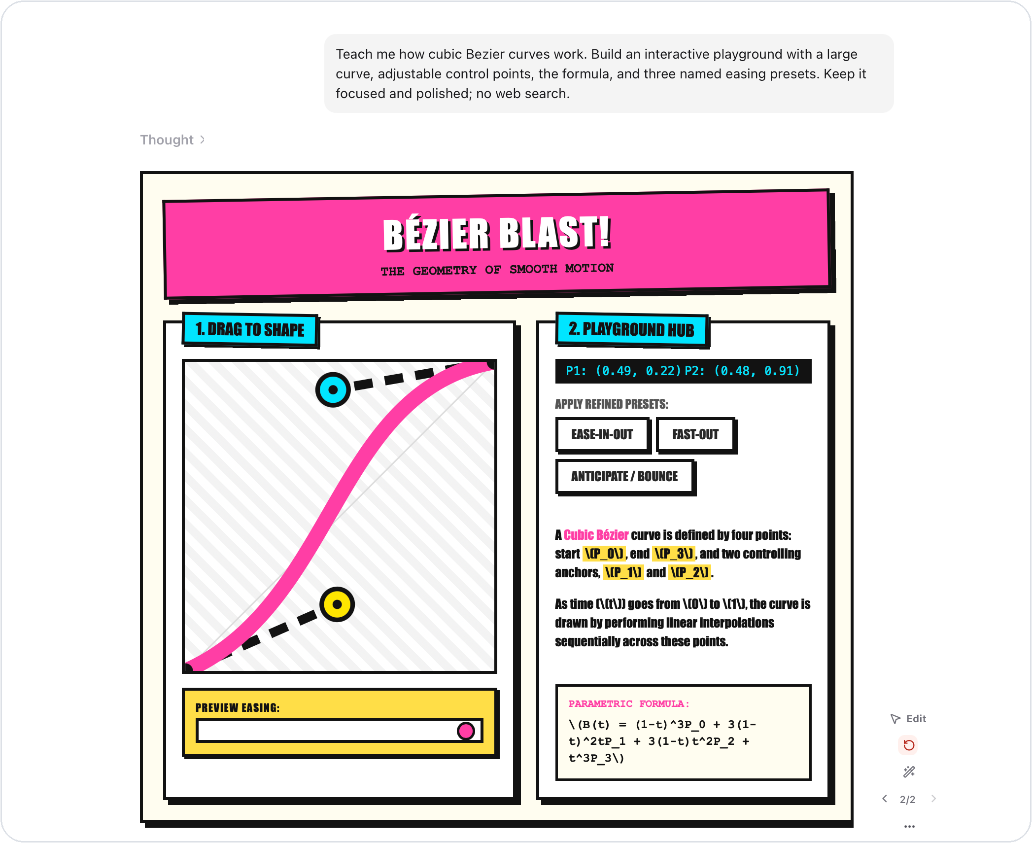 ChatHTML running an interactive Bezier curve playground