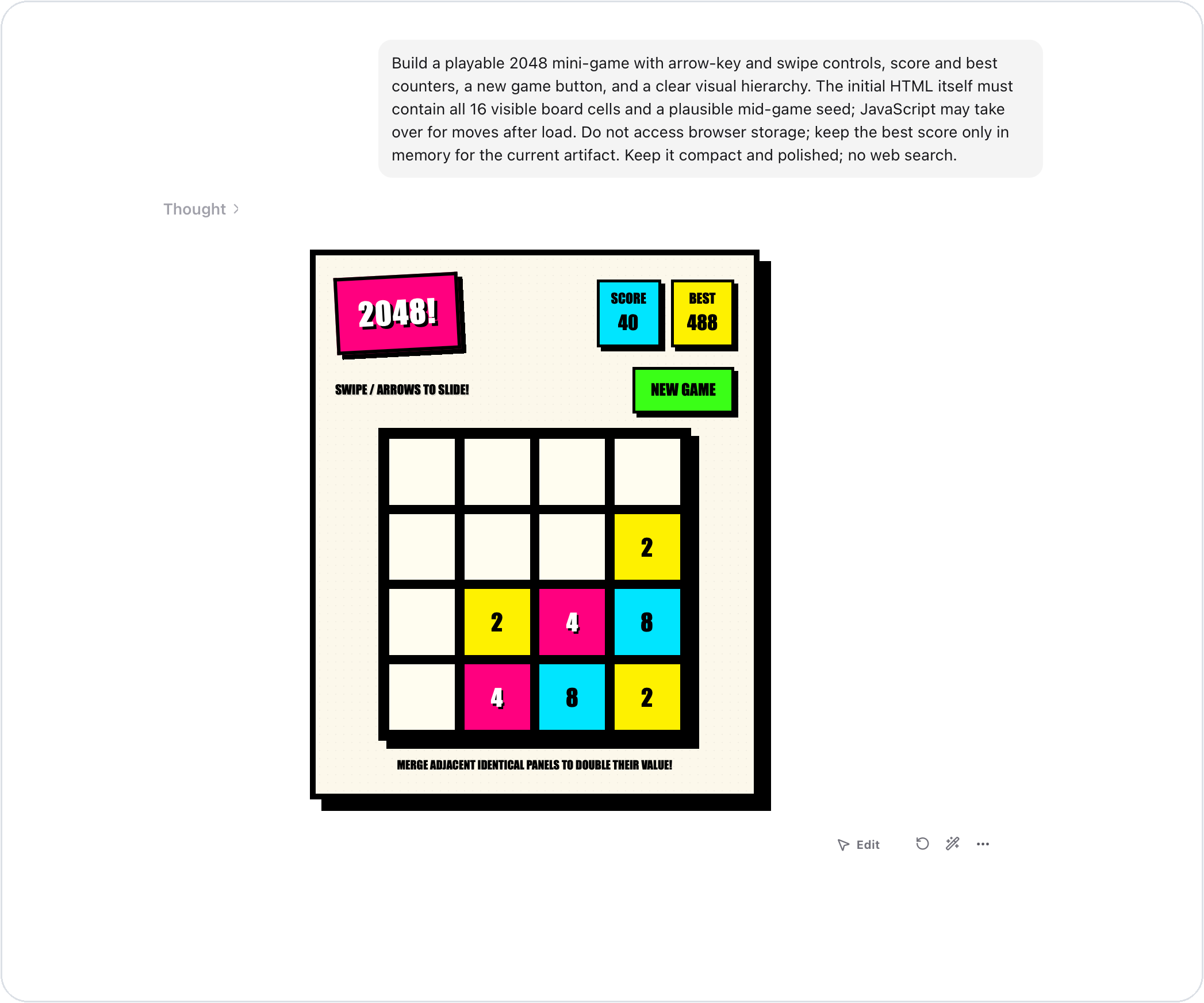 ChatHTML running a playable 2048 game