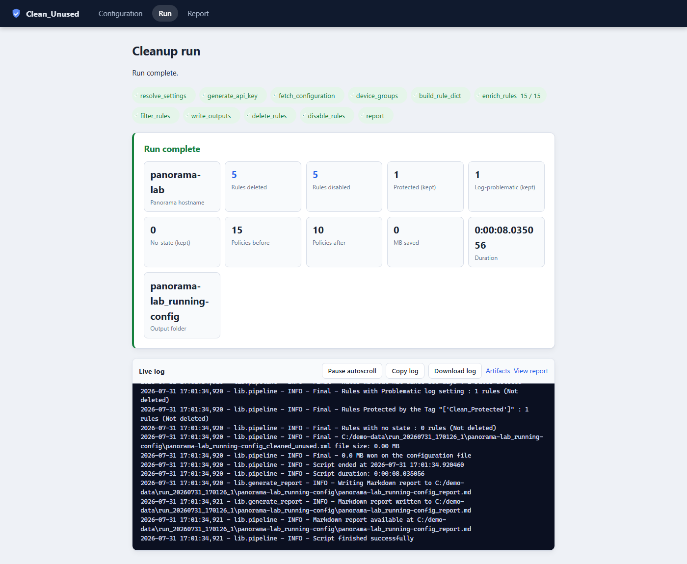 Web UI 中的清理运行已完成