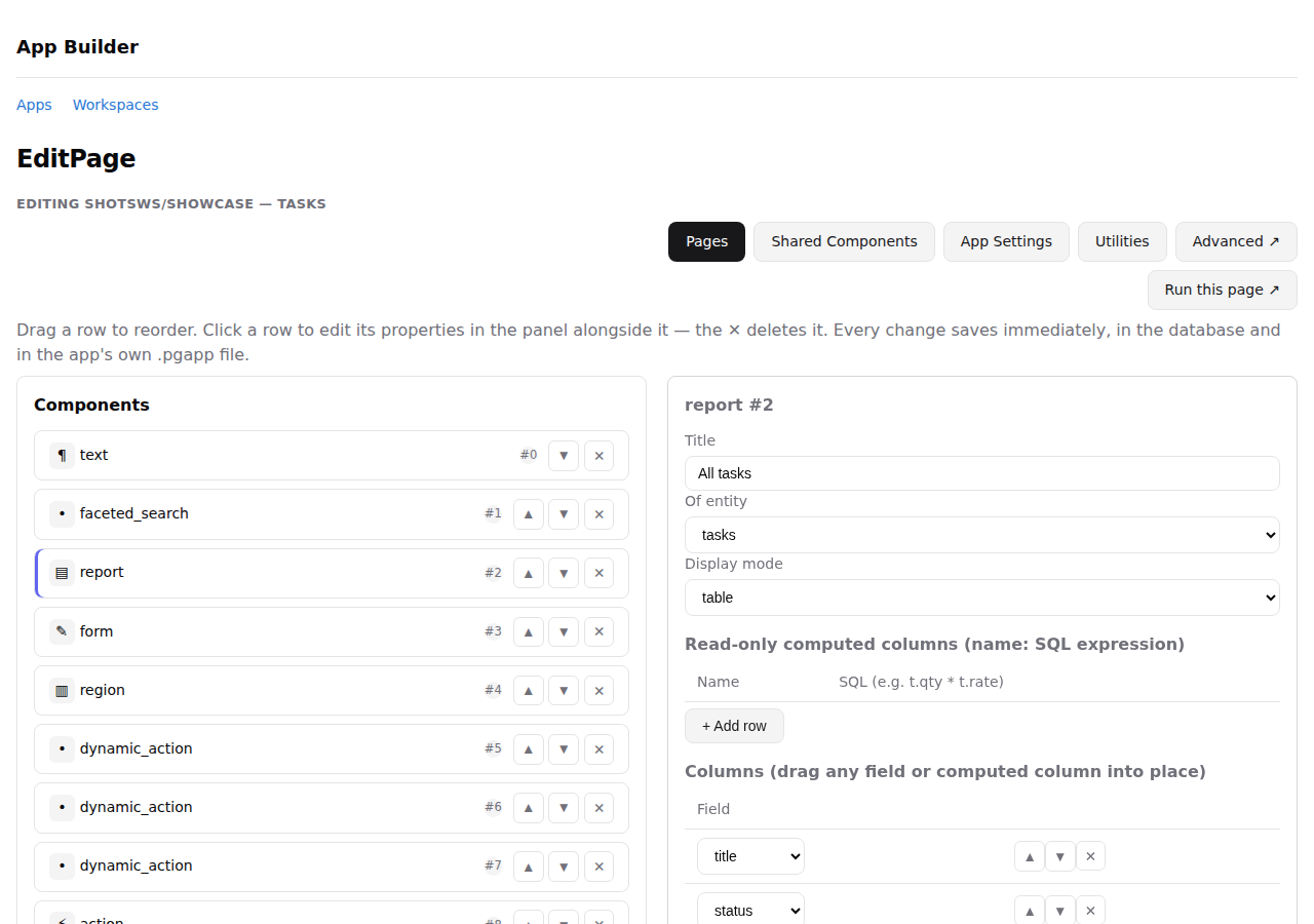 pgapp App Builder: page designer with component tree and property panel