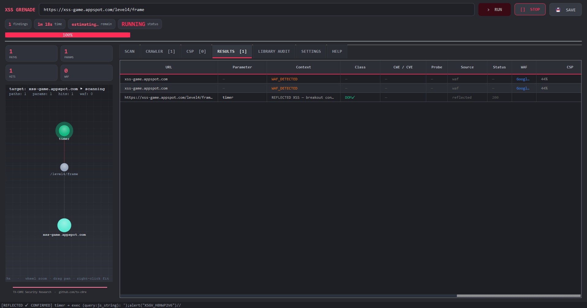 XSS Grenade — 带有实时攻击面图谱和浏览器验证发现结果的 GUI