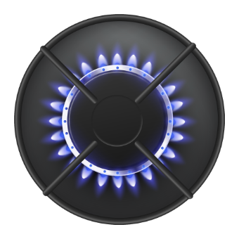 An active gas stove burner, as seen from the top.