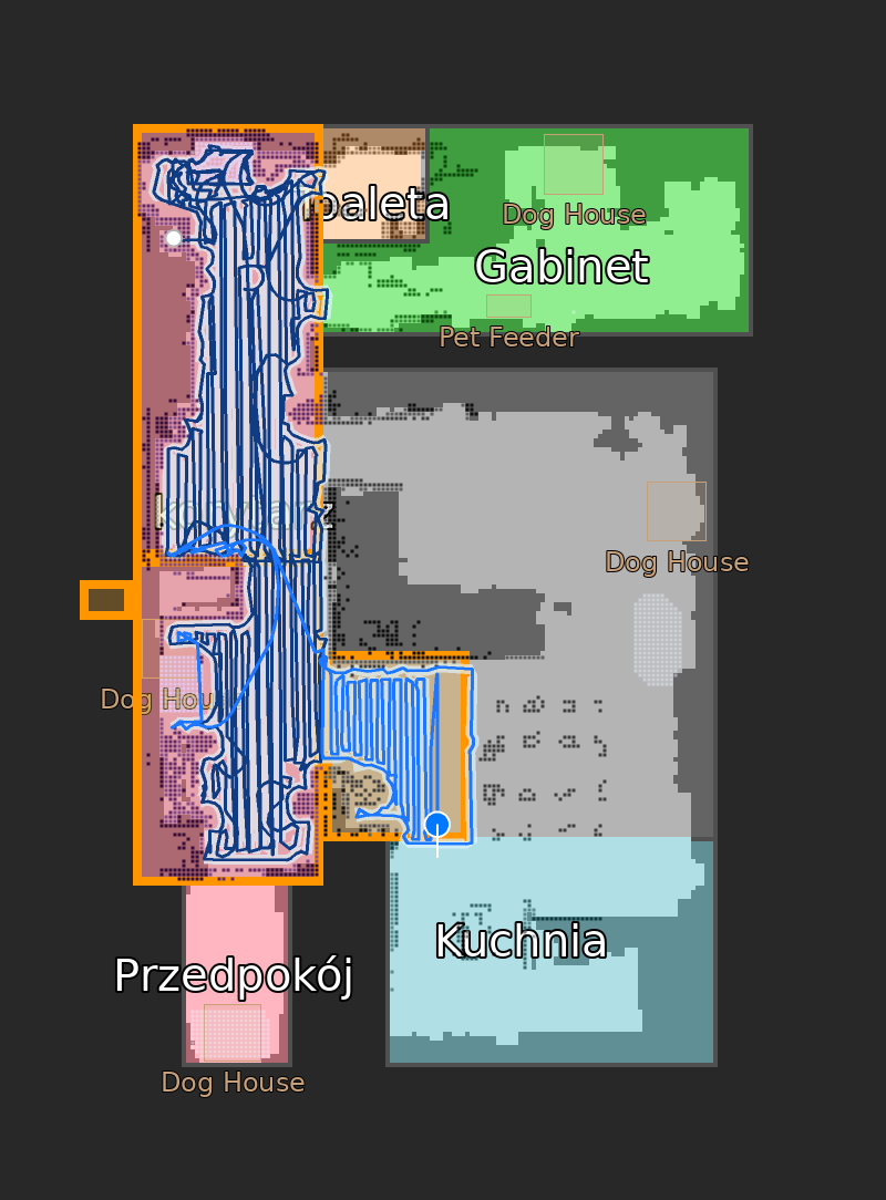 HD map during a zone clean: four amber rectangles mark the requested zones, with the robot trail and freshly vacuumed strips inside them