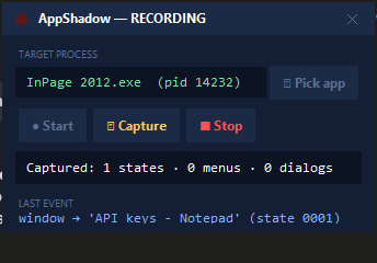 AppShadow recorder window, actively recording