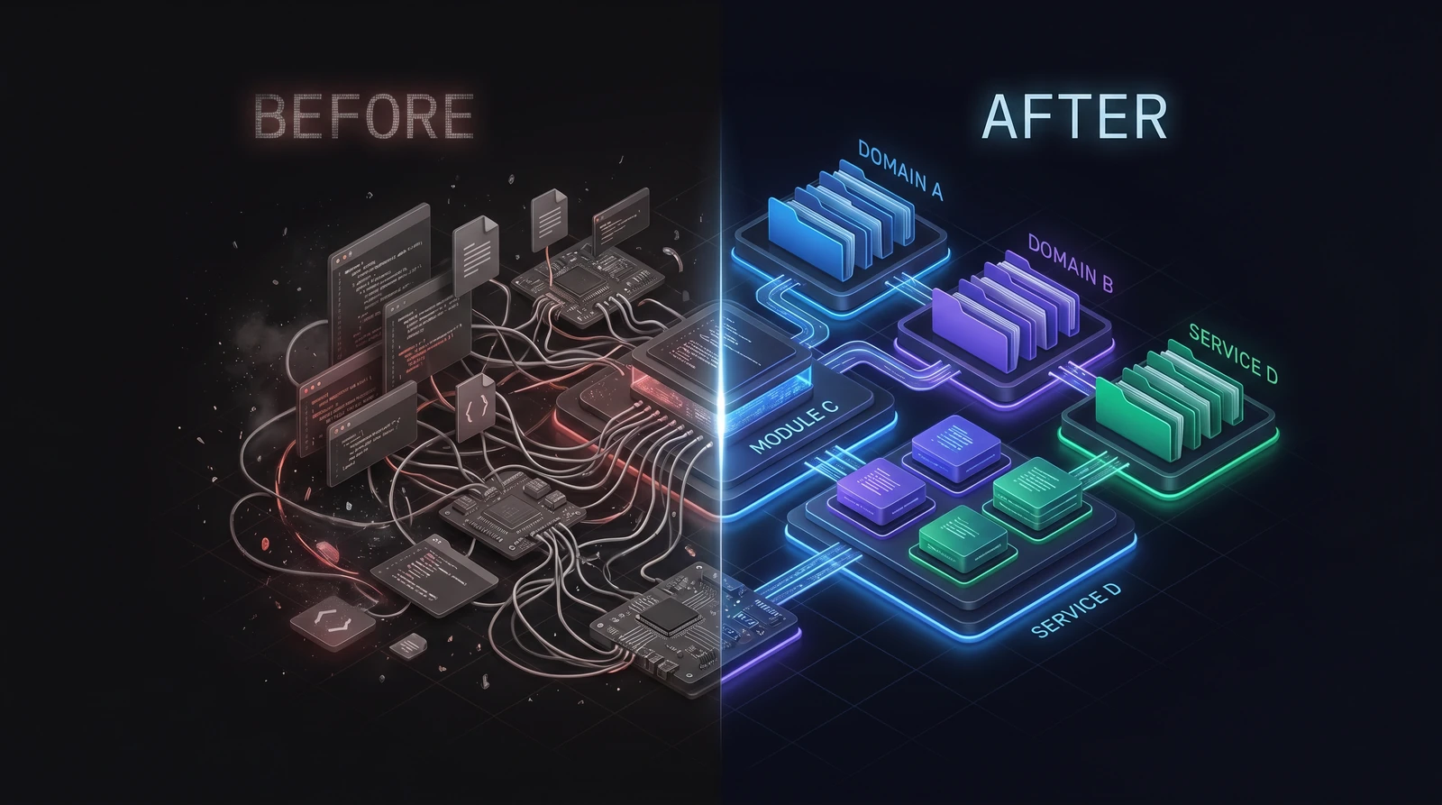 Tangled spaghetti code on one side, clean domain-organized architecture on the other
