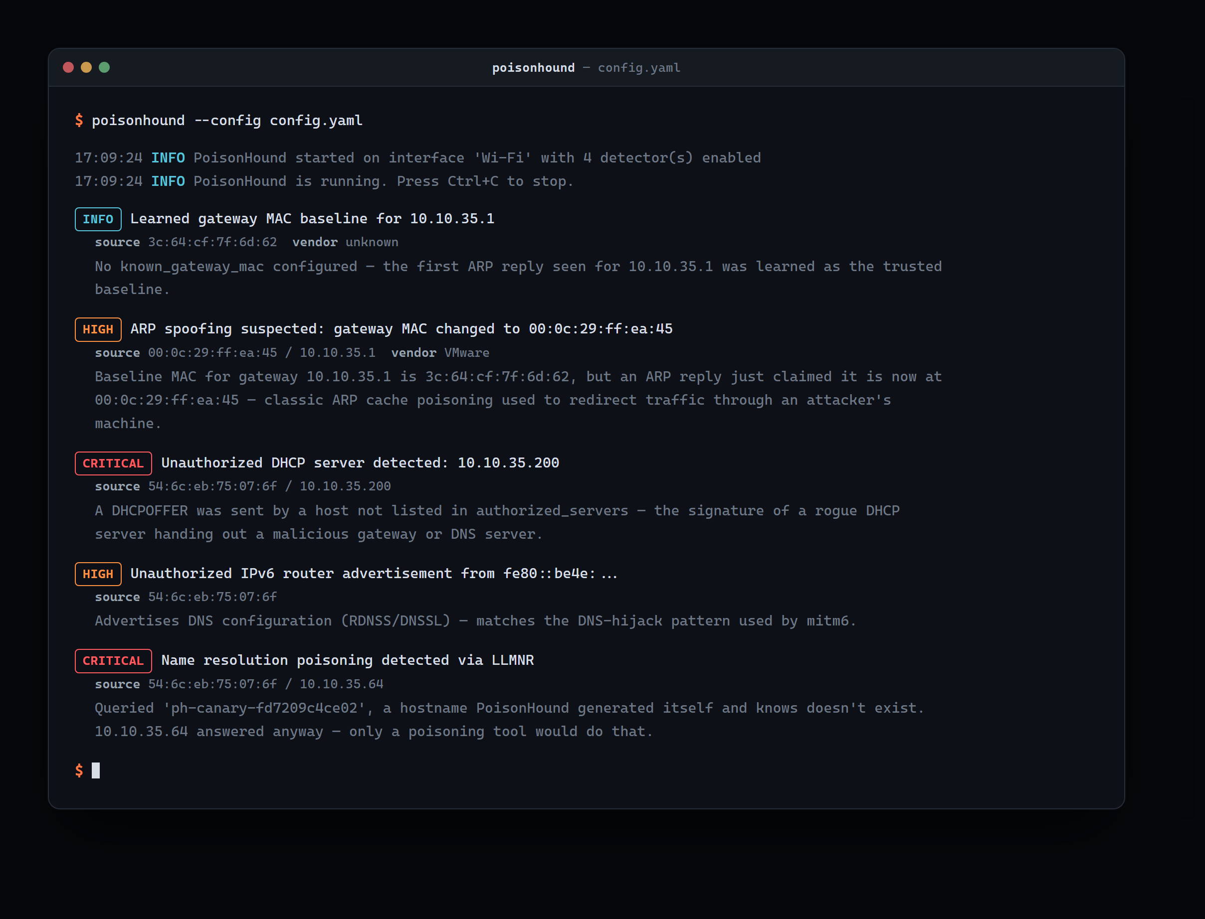 PoisonHound 在一次会话中捕获了 ARP 欺骗、伪造的 DHCP 服务器、mitm6 以及 LLMNR canary 命中