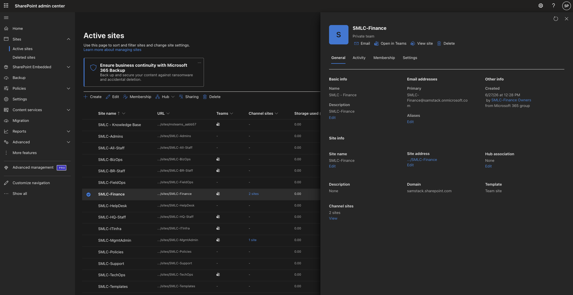 SharePoint admin center showing SMLC sites