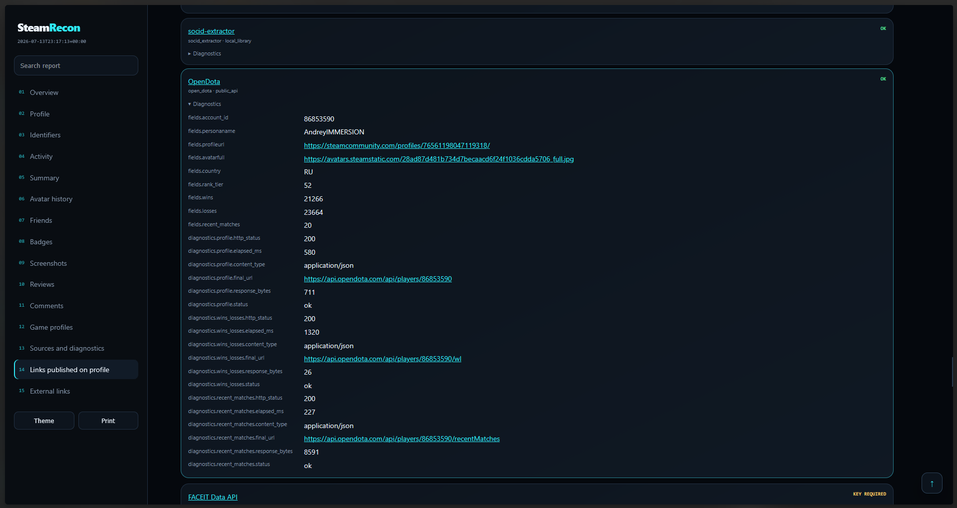 SteamRecon media, badges and community data
