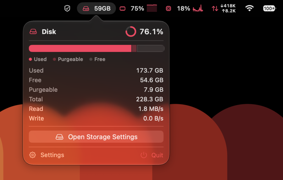 The Disk popover: a usage ring, a used, purgeable and free bar, capacity figures, and live read and write throughput