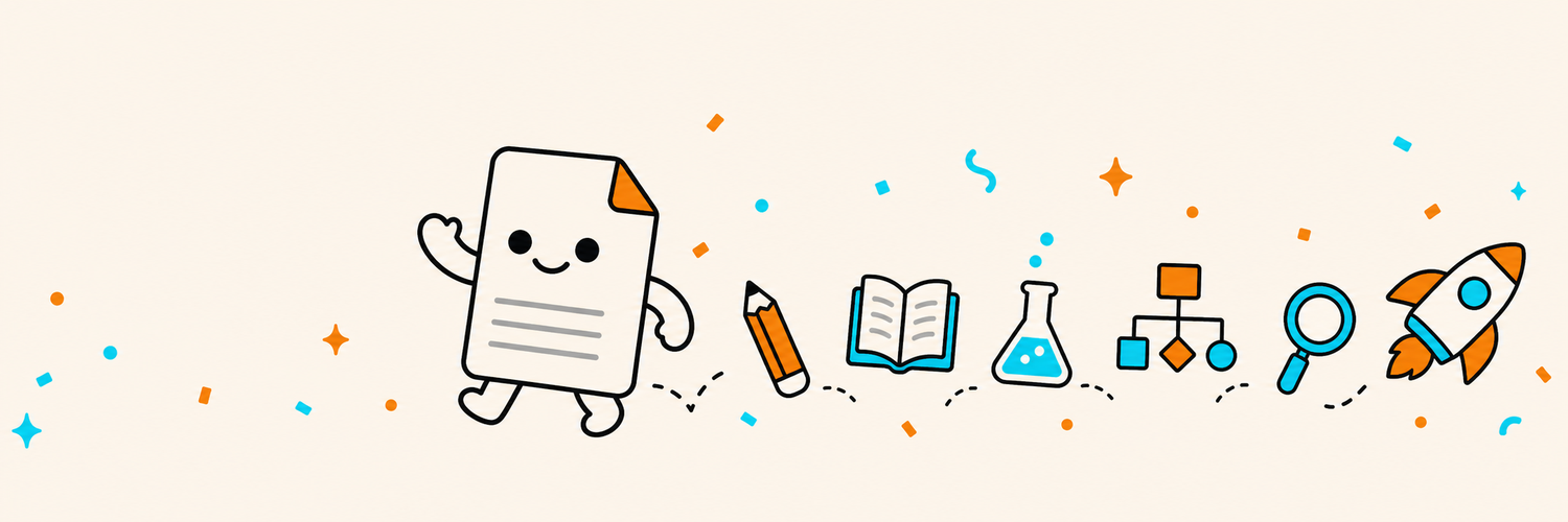 The Paperling paper mascot walking with its pencil, book, flask, diagram, magnifier, and rocket