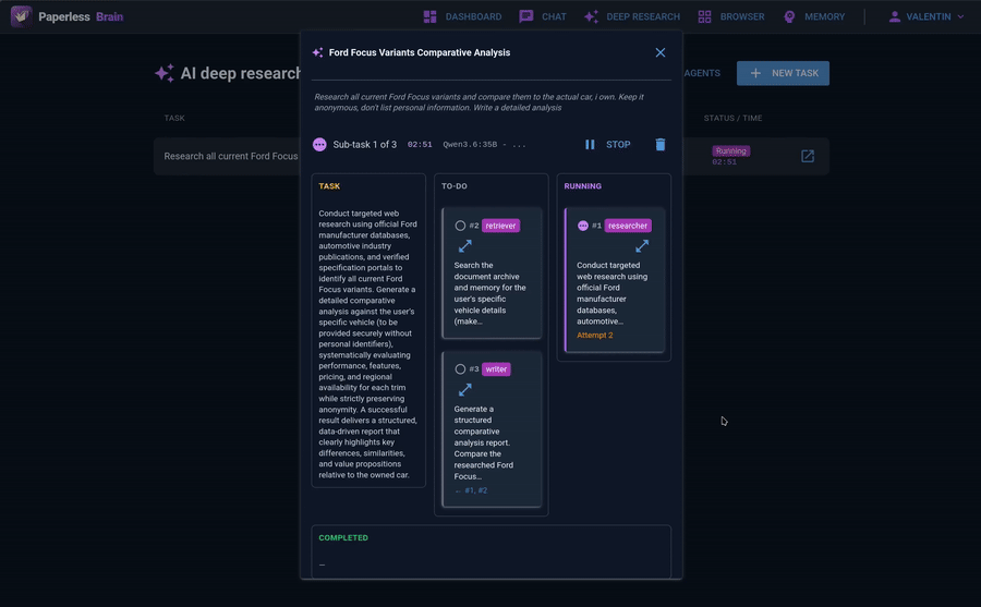 Deep research — autonomous multi-step research module in action