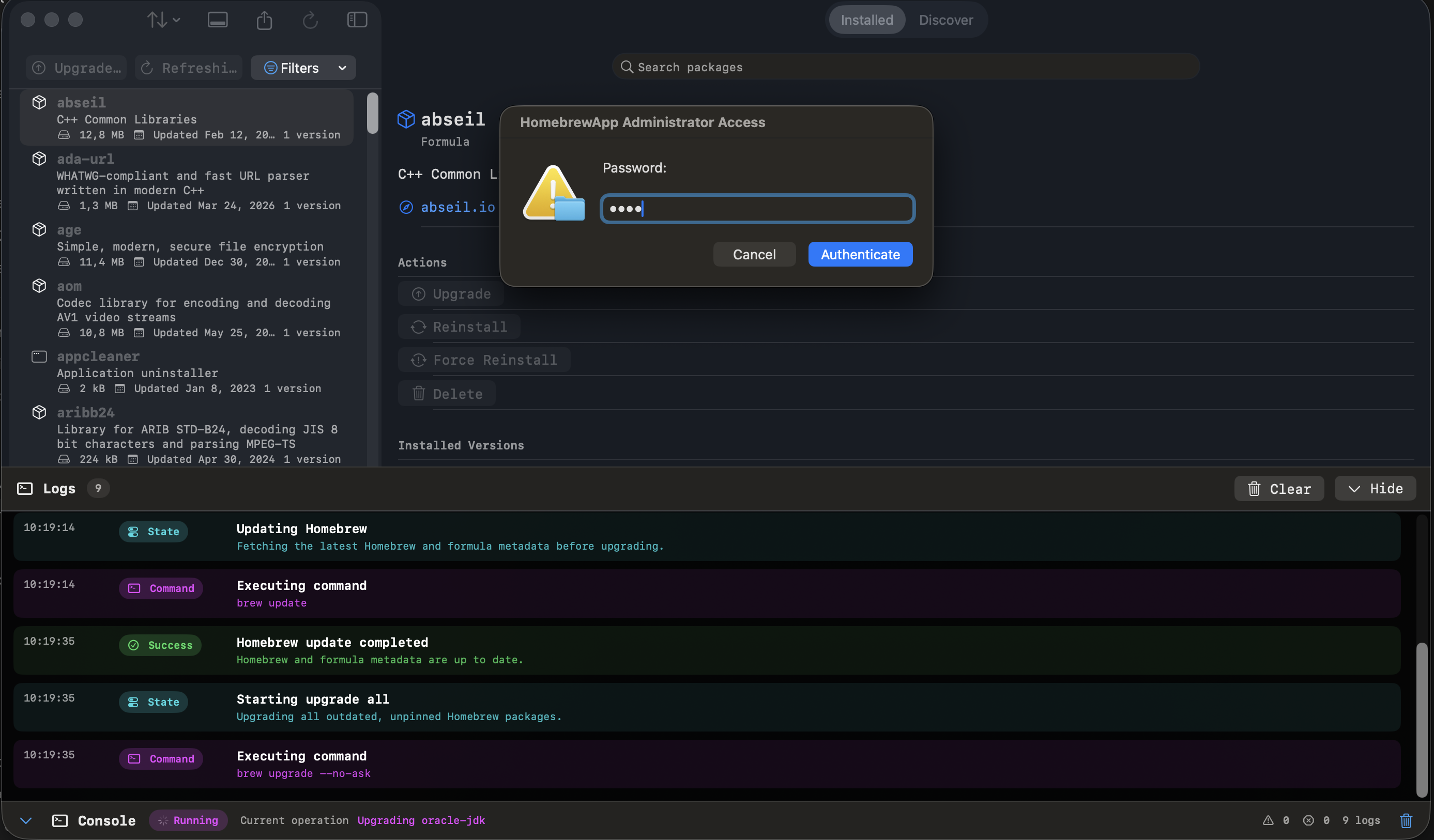 HomebrewApp administrator password prompt displayed while a package operation is running.