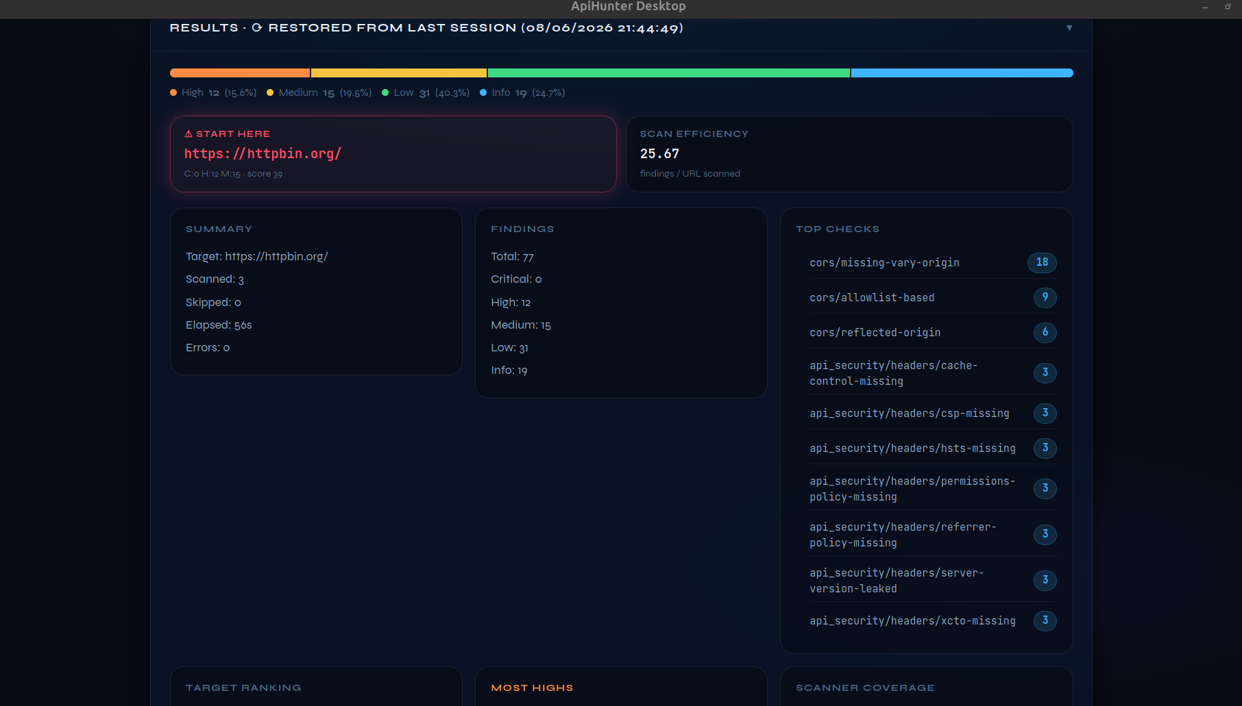 ApiHunter Desktop — Results lower panel: target ranking, scanner coverage, check severity breakdown, per-target summary, and one-click export buttons