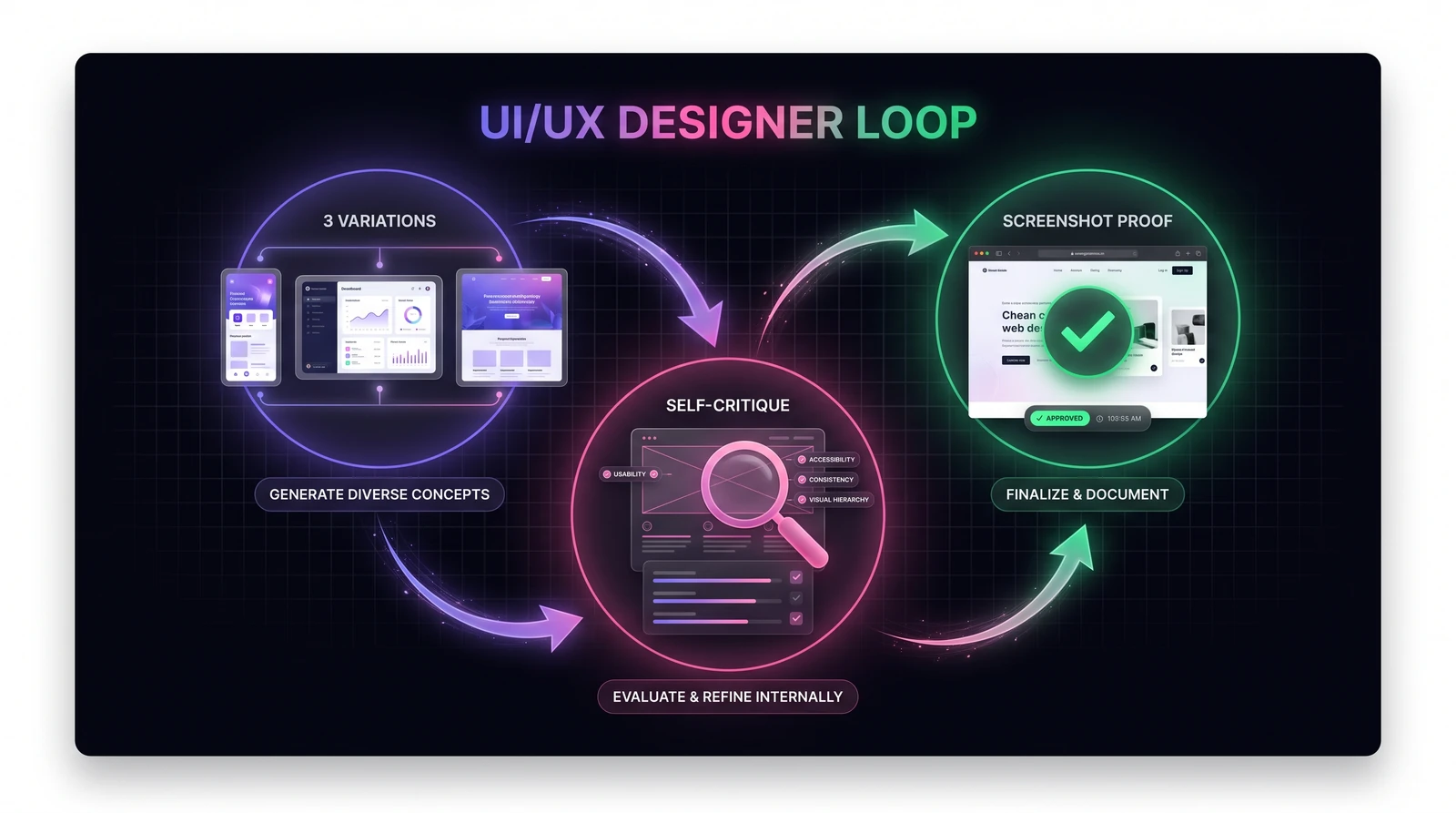 The UI/UX designer loop — 3 variations, self-critique, screenshot proof