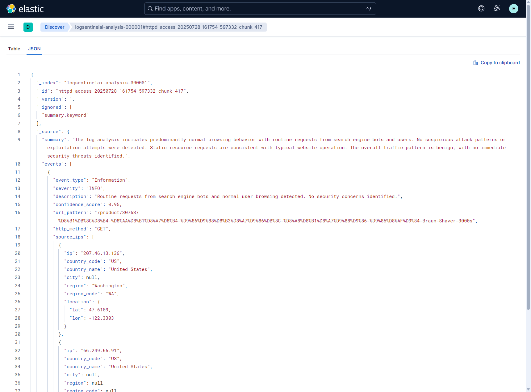 LogSentinelAI 输出的结构化 JSON,展示安全事件分析结果