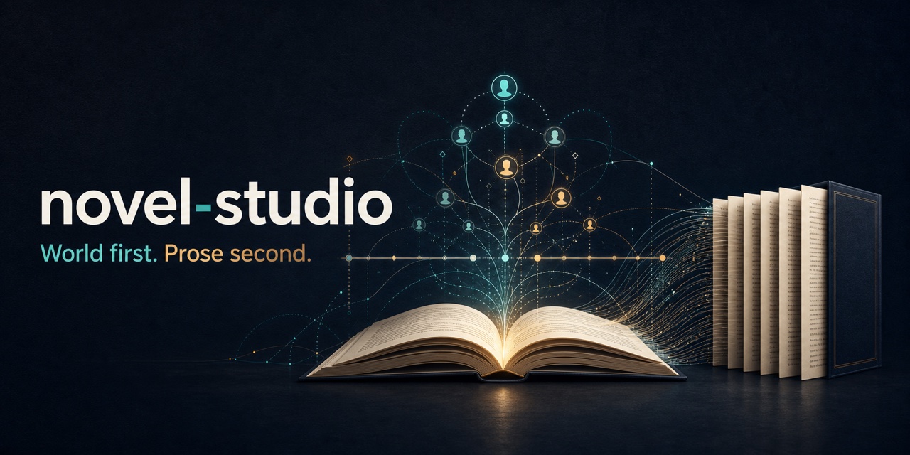 novel-studio 主视觉：打开的书本上方展开角色关系与故事时间线