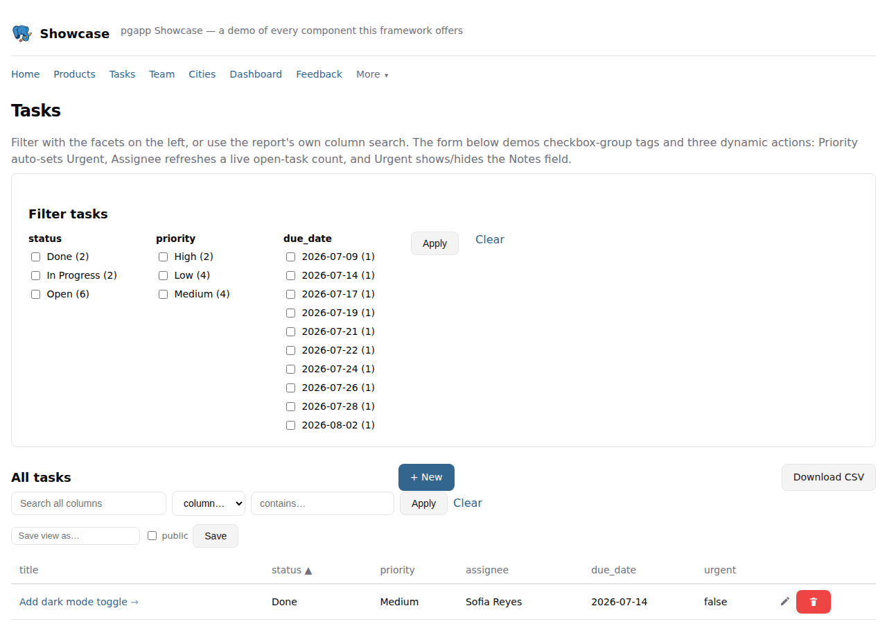 pgapp Interactive Report: a faceted, sortable task list with a clickable row cue