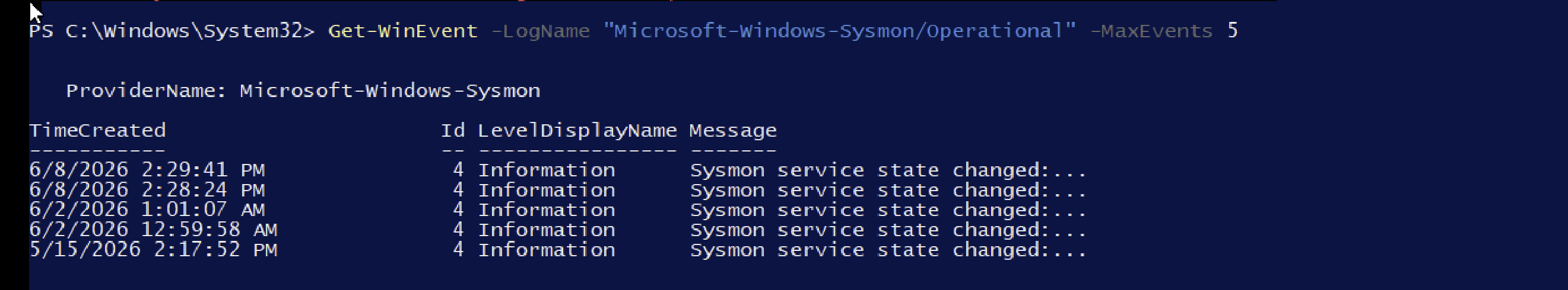 Sysmon 正在运行,但仅记录了 Event ID 4