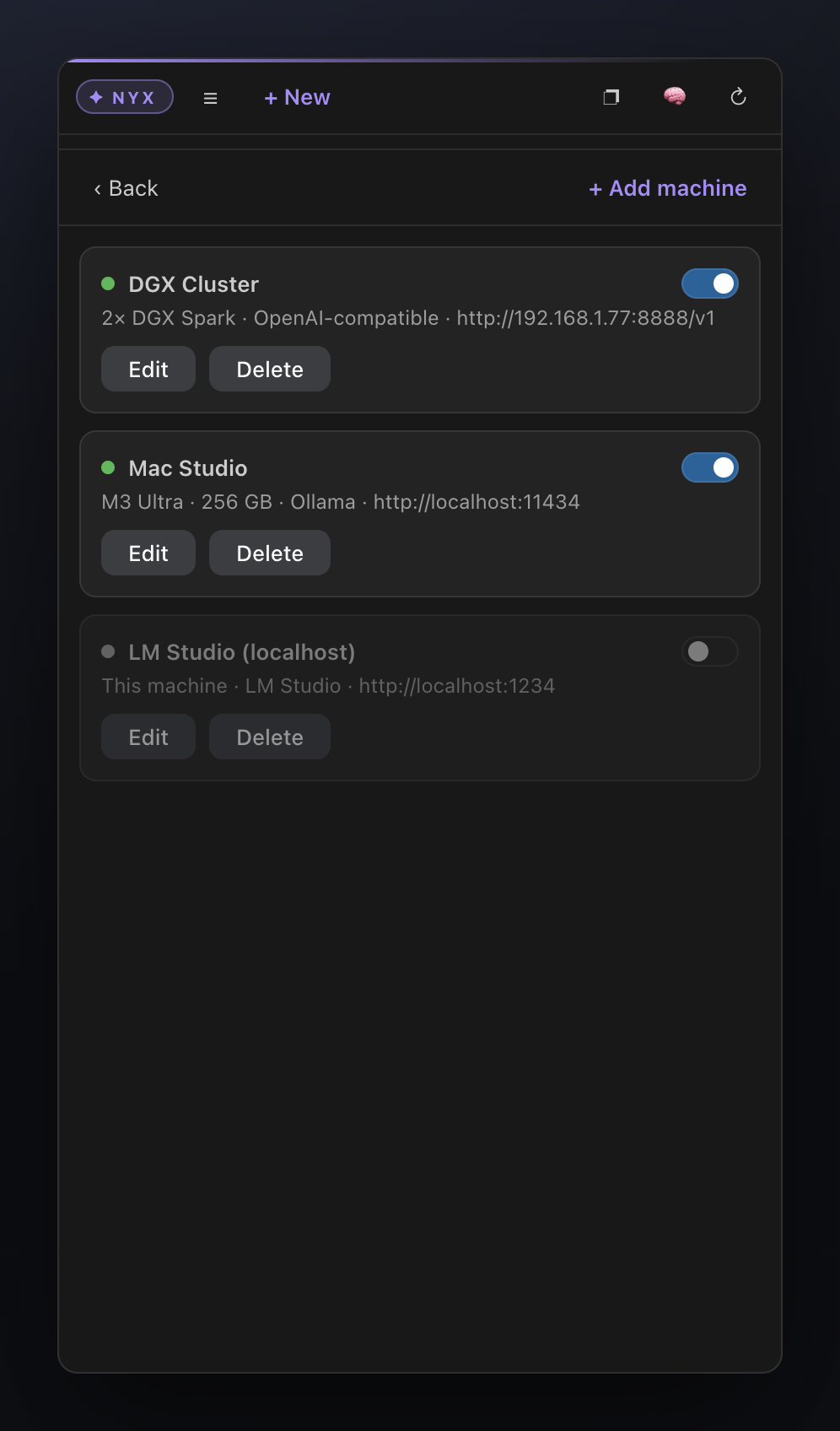 Machine manager listing a DGX Cluster (OpenAI-compatible), a Mac Studio running Ollama, and a disabled LM Studio localhost entry