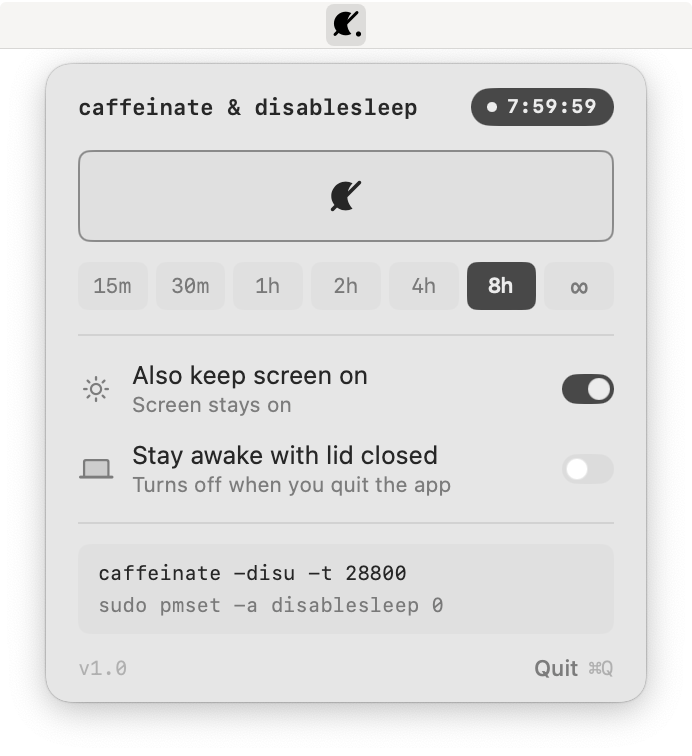 the popover, clicked open from the menu bar