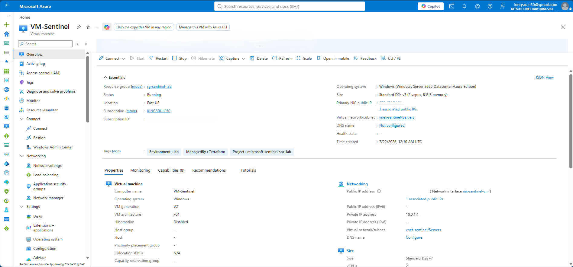 Azure Portal view of the Windows Server 2025 virtual machine