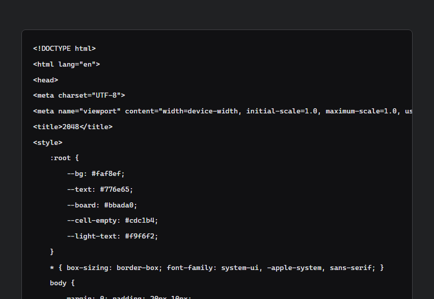 A Markdown-only response containing a complete 2048 implementation