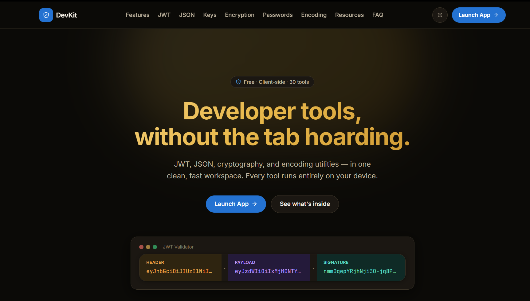 DevKit homepage — hero section with the JWT Validator preview