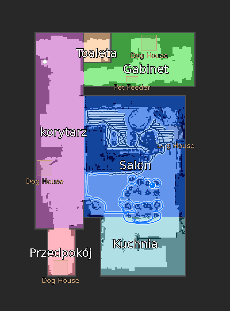 Live HD map during cleaning showing the trail, vacuumed strip, planned path and lidar walls