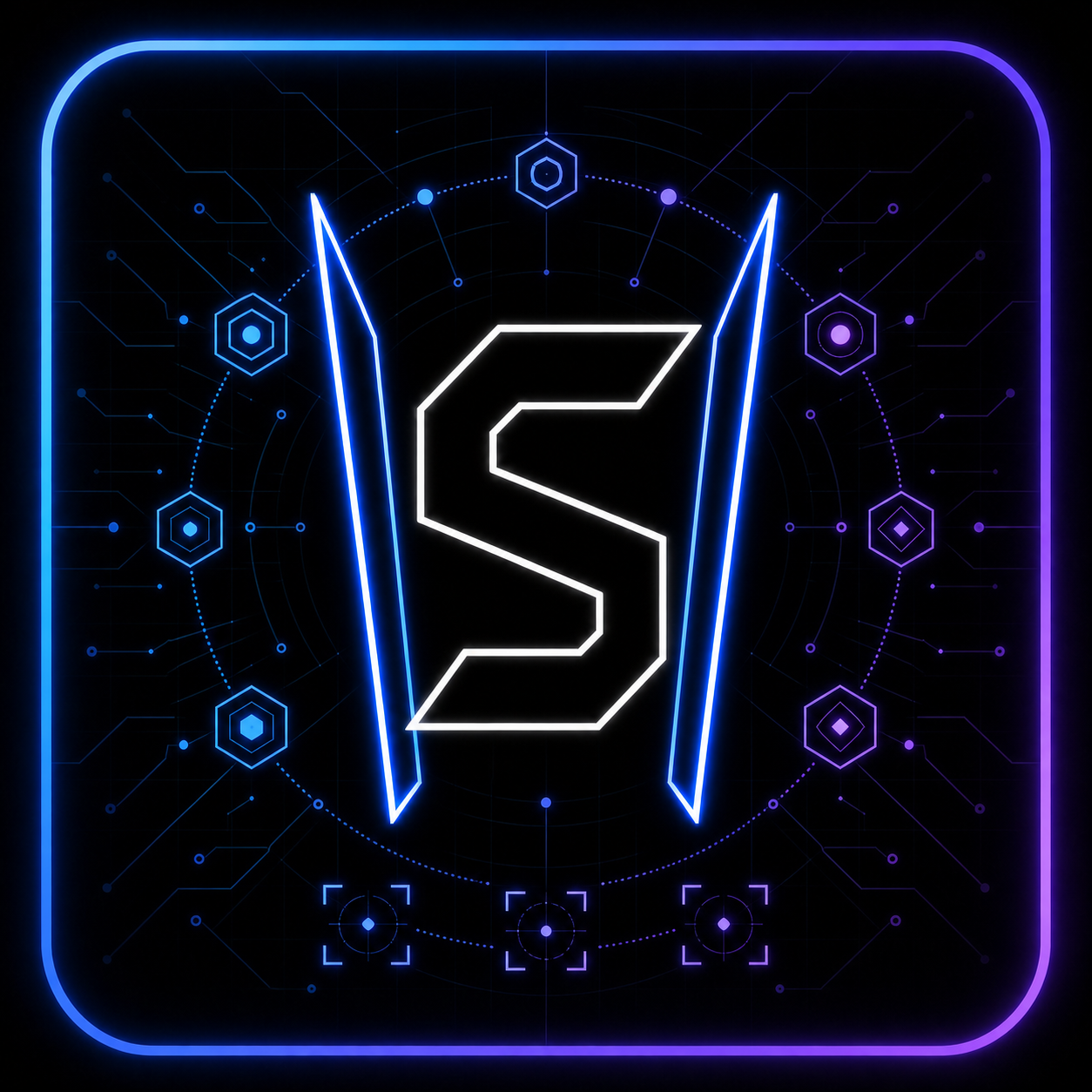 A neon SharpEmu S emblem surrounded by an agent-and-evidence circuit ring