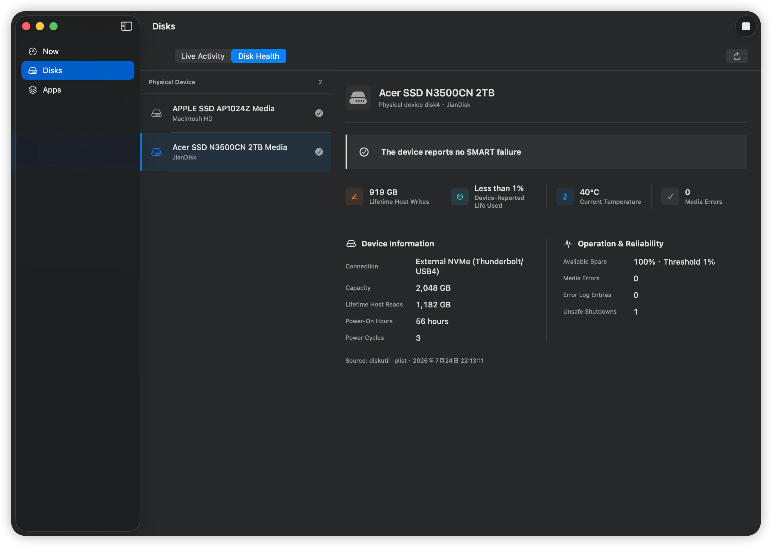 Disk Health view showing SMART status, wear, temperature, host writes, power history, and media errors.