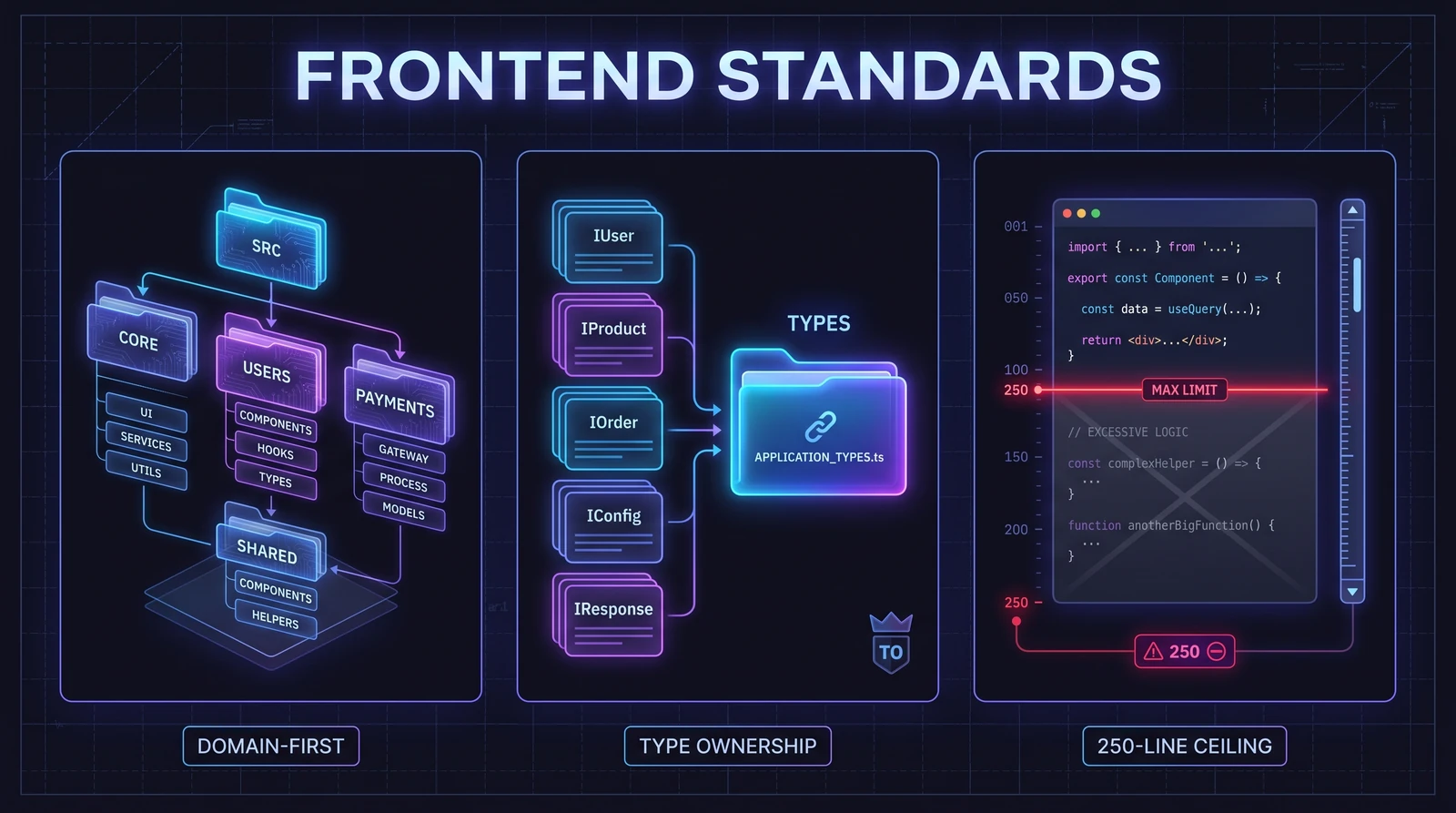 Frontend standards — domain-first folders, type ownership, 250-line file ceiling