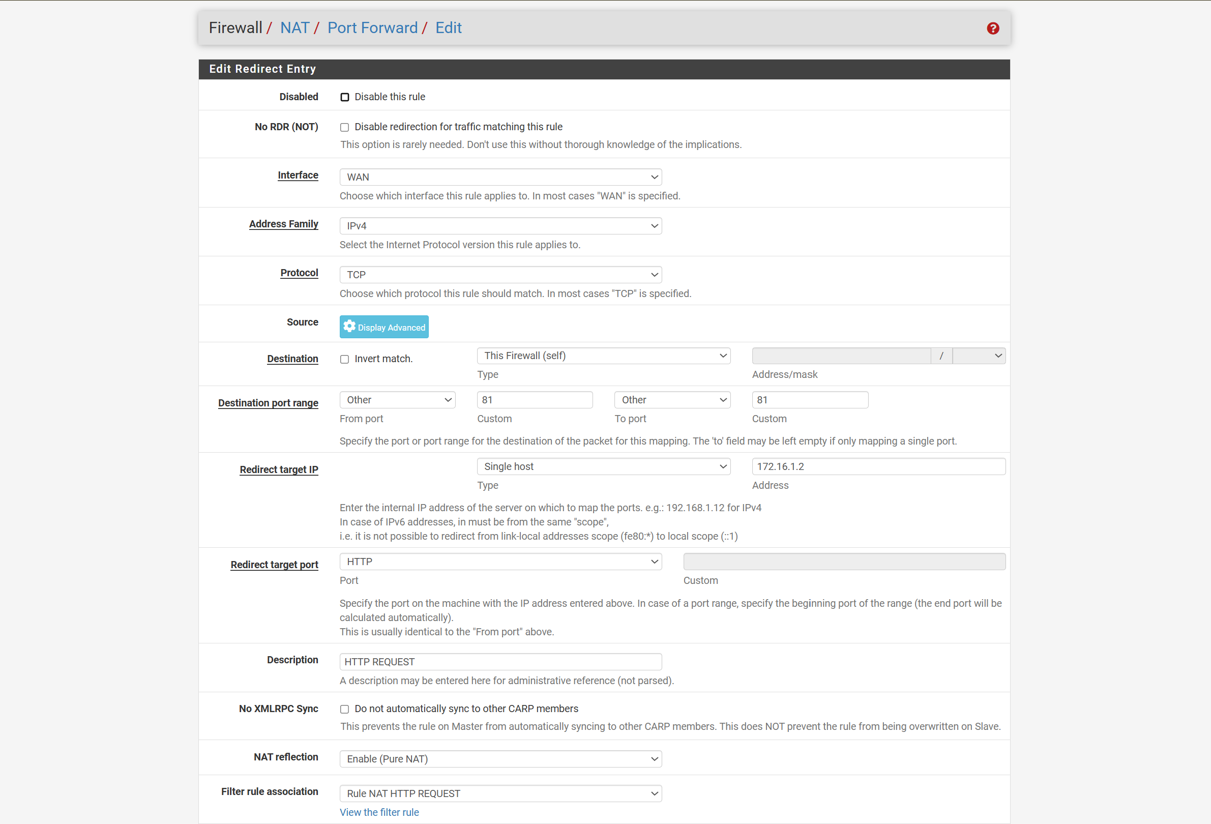 从 WAN TCP 端口 81 到 DMZ Web 服务器的 pfSense 端口转发规则