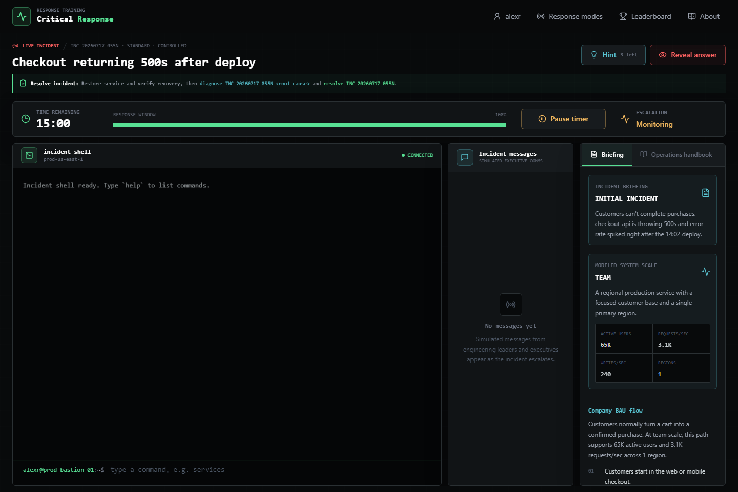 Live incident terminal, messages, briefing, and timer