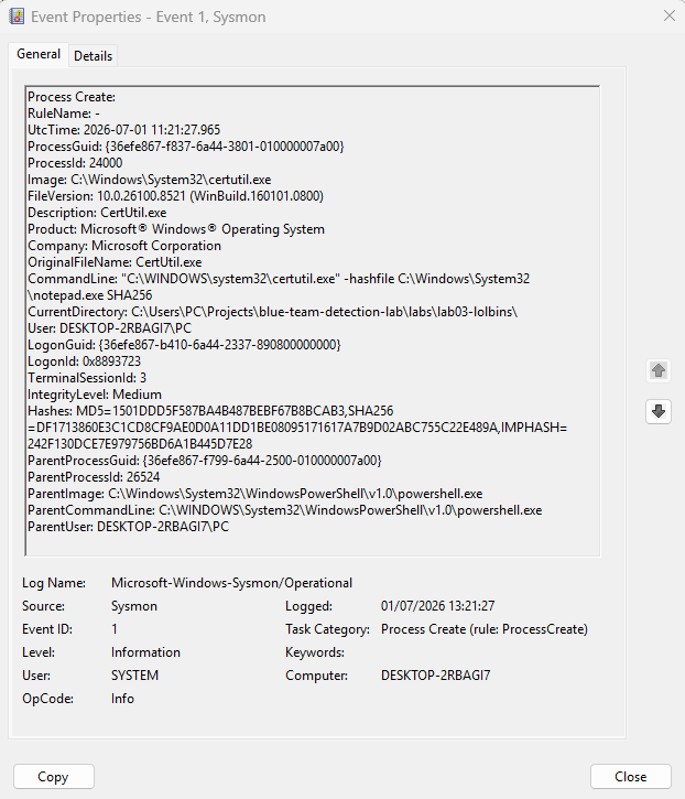Certutil Sysmon 事件