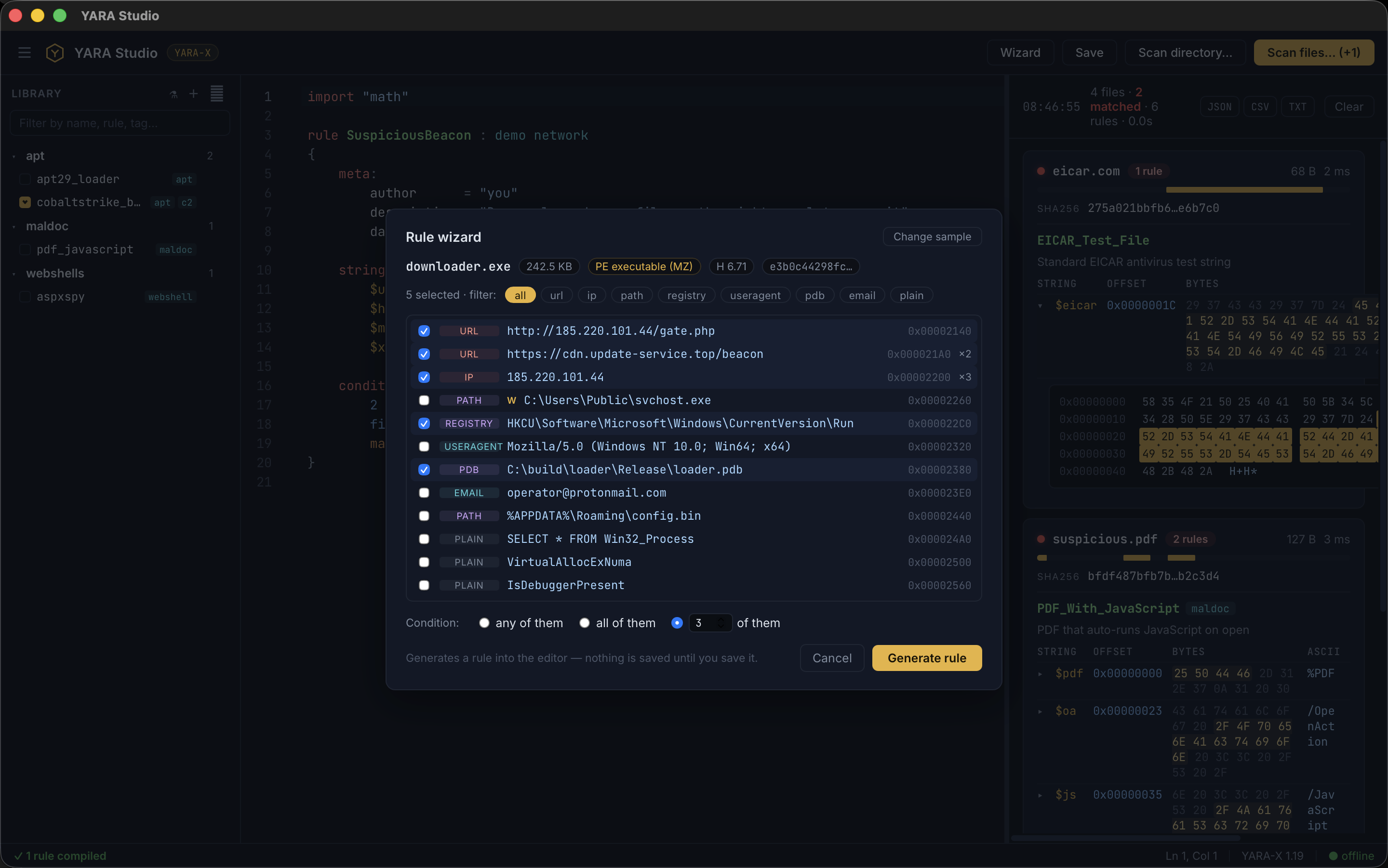 Rule wizard extracting and categorizing strings from a sample