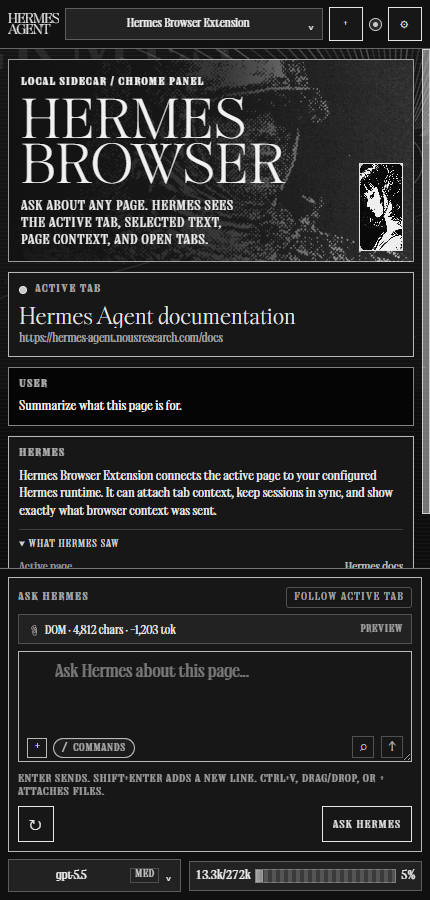 Hermes Browser Extension side panel in Mono theme