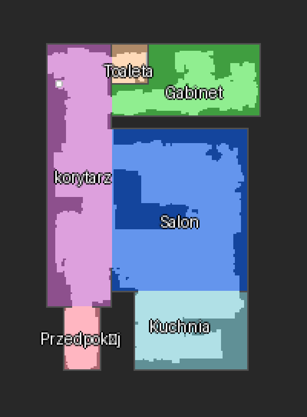 Color-coded floor plan with per-room segments and dock marker