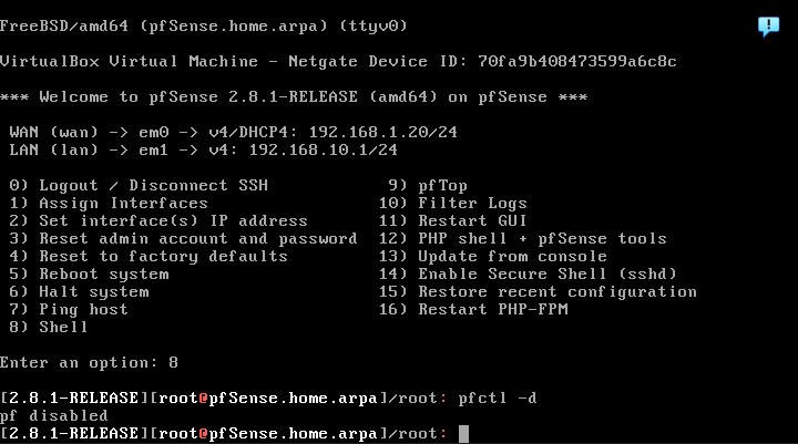 pfSense shell, pfctl -d
