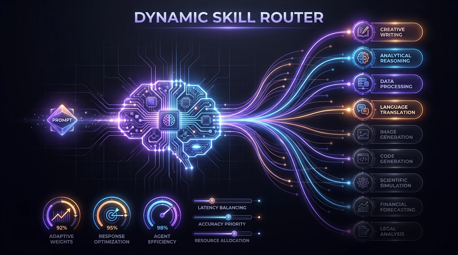 A prompt entering a routing hub that fans out to only the relevant skills and specialist agents, with self-tuning weights