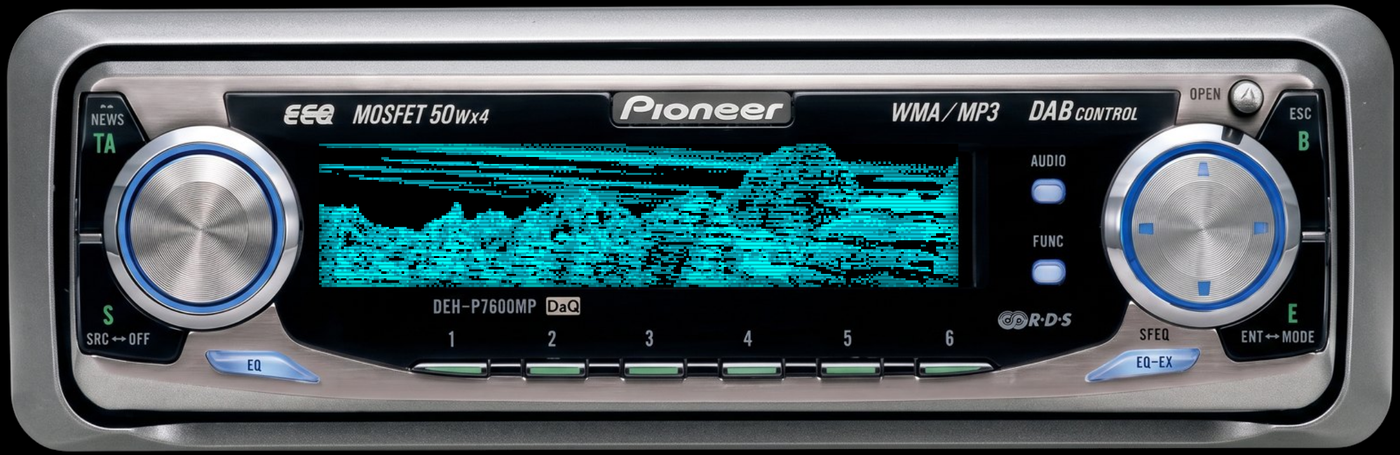 The live web player: a Pioneer DEH-P7600MP faceplate with a decoded .lkd animation glowing cyan on its OEL screen
