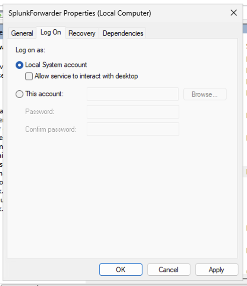 SplunkForwarder Properties (Local Computer)