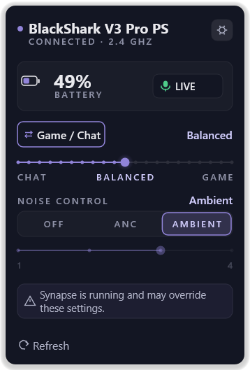 Ambient mode selected, with the ANC level retained